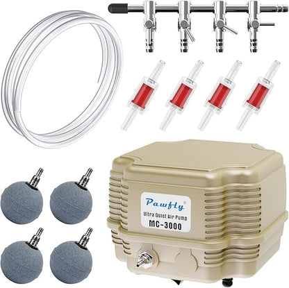 Pawfly 7 W 254 GPH Commercial Air Pump Adjustable Quiet Oxygen Aerator Pump with Air Stones 4 Outlets Manifold and Airline TubingAccessories for Up to 300 Gallon Tank Aquarium Pond