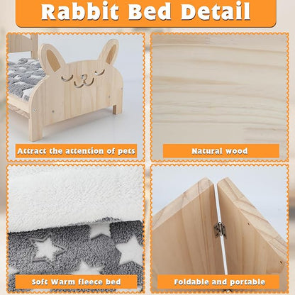 BWOGUE Large Wooden Rabbit Bed, 2 in 1 Folding Wooden Pet Bed with Removable Cushion Small Animals Bed for Rabbits Bunny Guinea Pigs Kittens Puppy Sleeping Habitat (20.5" x 14.3")