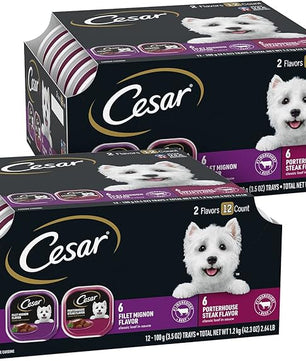 Cesar Wet Dog Food Classic Loaf in Sauce Filet Mignon and Porterhouse Steak Flavors Variety Pack, 3.5 oz. Easy Peel Trays (12 Count, Pack of 2)