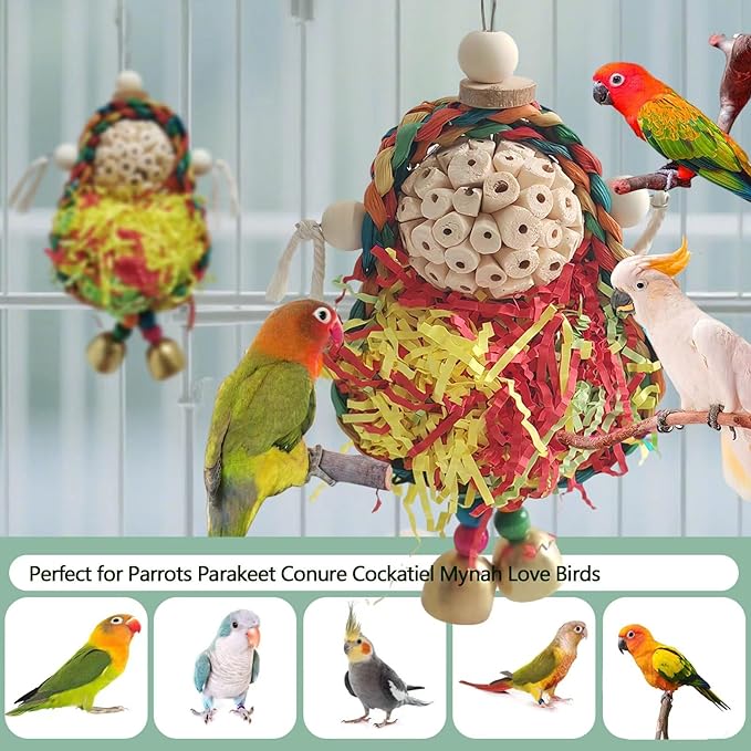 Parakeet Toys,Natural Sola Balls and Shredding Hanging Chewing Toy,2 PCS Small and Medium-Sized Parrot Toys, Bird Toys for Parrots,Cockatiels,Conures,Lovebird,Christmas Birds Toy