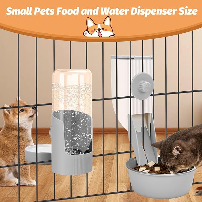 Yummy Sam Hanging Cage Automatic Small Pet Food Bowl Water Bottle Dispenser, Kennel 500ML Waterer and Auto Gravity Pet Feeder Set with Separate Food Bowl Crate Feeder Dish for Puppy Cats Rabbit (Grey)