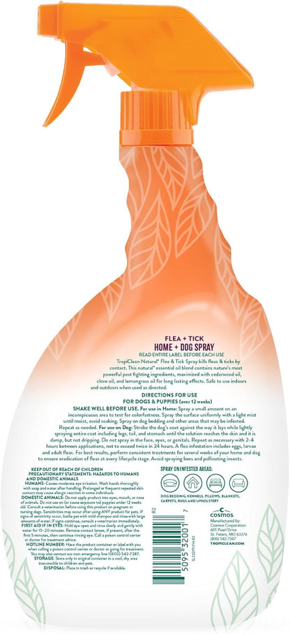 TropiClean Natural Maximum Strength Flea and Tick Spray for Dogs and Home, 32oz