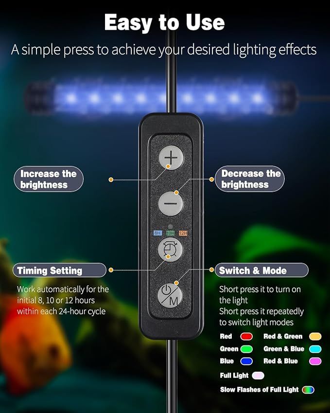 Pawfly 1.8 W Aquarium LED Light 7.5 Inch Underwater Fish Tank Light with Timer Auto On/Off Fish Tank Background Lights with 8 Lighting Modes Submersible Multi-Colored Tube Lights for Decoration
