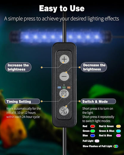 Pawfly 1.8 W Aquarium LED Light 7.5 Inch Underwater Fish Tank Light with Timer Auto On/Off Fish Tank Background Lights with 8 Lighting Modes Submersible Multi-Colored Tube Lights for Decoration