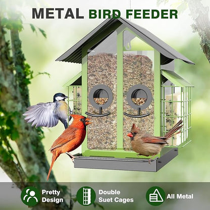 Bird Feeders for Outdoors, Metal Bird Feeder with Double Suet Cage Weatherproof Metal Roof, 2 in 1 Mixed Seeds Suet Feeder, 4Lbs Large Capacity, Great for Finch、Cardinal、Chickadee（Green）