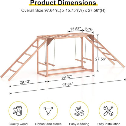 Chicken Activity Play, Multiple Bird Perches with Swing Toy, Wooden Chicken Coop Accessory with Ladder & Platforms Outdoor Birds Toy for Entertainment Backyard Poultry (D)