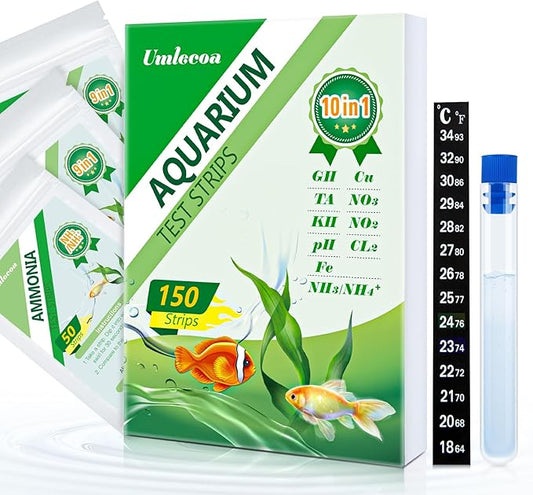 10 in 1 Aquarium Ammonia Test Kit - Ammonia Fish Tank Test Strips - 150 Aquarium Test Strips with Test Tube & Thermometer - Fast Testing Ammonia and 9 More for Aquarium/Pond/Pool