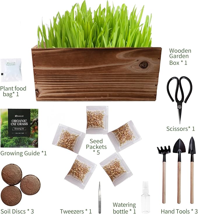5-Pack Cat Grass Kit for Indoor Cats with Wood Planter, Grow Organic Non-GMO Wheat Grass in 4-7 Days, Aids Digestion & Hairball Control, Ideal Birthday Gift for Cat Lovers