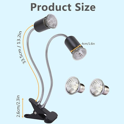 Reptile Heat Lamp with Dual Head, UVA UVB Light for Aquarium Turtle Tank, with 2 * 50w Basking Bulb and 360° Swivel Clamp Stand for Tortoise, Snake, Frog, Lizard. Halogen, Yellow Light