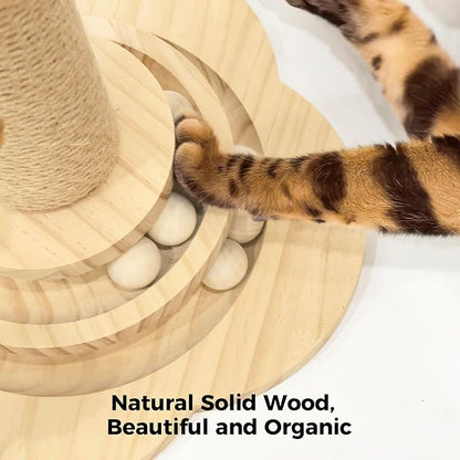 TINYBEAST Wooden Cat Scratching Post, 4 in 1 Cat Scratcher Toy with Cat Ball Tracks, 18" Tall Sisal Scratch Post for Indoor Kittens Adult Cats, Interactive Feather Toy and 2 Sisal Hanging Balls