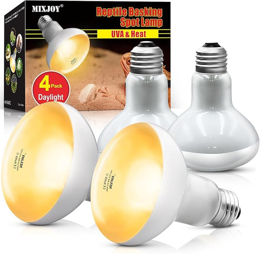 MIXJOY 4Pack Reptile Heat Lamp Bulbs, 100W Heat Lamp Bulbs for Reptiles Basking Bulbs UVA Daylight Basking Light Amphibians Heating Lamp Emitter for Lizard, Tortoise, Bearded Dragon Gecko