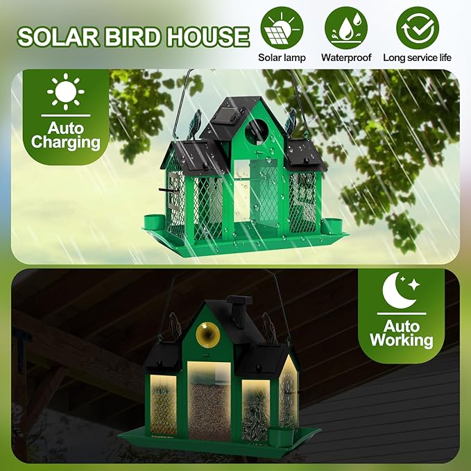 Solar Bird Feeders House for Outdoors Hanging, 7LBS Large Capacity Metal Wild Bird Feeder Squirrel Proof for Outside with Water Cup, Cardinal Birdfeeder Birdhouses Gift for Bird Lovers (Green)