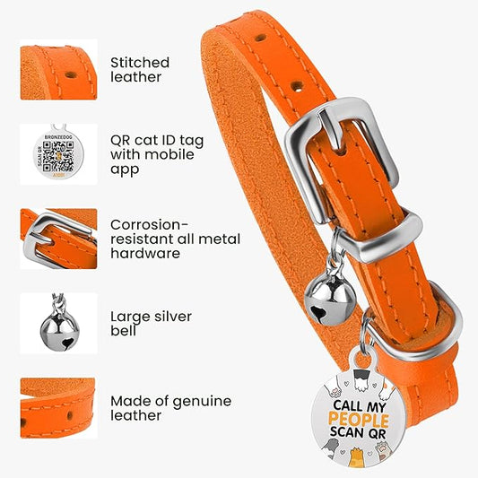BRONZEDOG Leather Cat Collar with Removable Bells Non Breakaway Kitten QR Tag for Girl Boy (7" - 9" for Cats, Orange & Silver)
