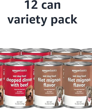 Amazon Basics Chopped Ground Dinner Wet Dog Food Variety Pack, Filet Mignon Flavor and with Beef, Made with Natural Ingredients, 13.2oz Cans (Pack of 12)
