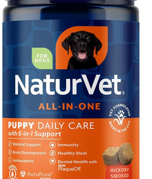 NaturVet All-In-One Puppy Daily Care, 6-In-1 Support Dog Soft Chews to Help Bones, Joints, Digestion, Teeth, Cognition, and More, Hickory Smoked Bacon Flavored Pet Supplement for Puppies, 60 Count Jar