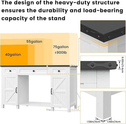 55-75 Gallon Aquarium Stand With Charging Station, Farmhouse Fish Tank Stand, Reptile Tank Stand Terrarium Stand with Drawer and Cabinet Storage, Sturdy Heavy Duty 53.5"×19.7" Tabletop - White
