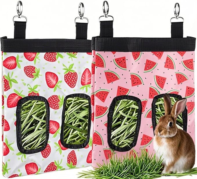 DZWLKJ Guinea Pig Hay Feeder, 2 Pack, 10 x 8 x 0.4 Inches, Stainless Steel, Rabbit Hay Bag, 600D Oxford for Small Pets,Chinchilla,Hamsters