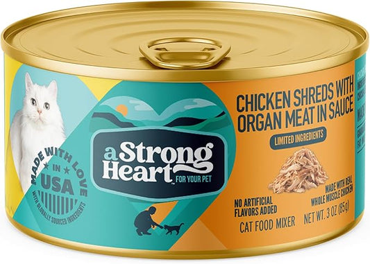 A Strong Heart Canned Wet Cat Food, Chicken Shreds with Organ Meat in Sauce -3 oz Cans (Pack of 24), Made in The USA with Real Chicken
