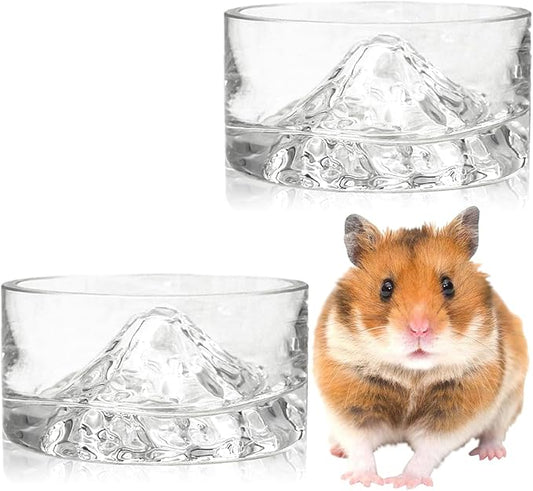 BNOSDM 2Pcs Hamster Food and Water Bowl Mountain Fuji Style Glass Drinking Dwarf Hamster Feeder Anti-Turning Dish for Syrian Hamsters Gerbils Mice Rats or Other Similar-Sized Pets (Transparent)