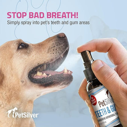 PetSilver Teeth & Gum Spray - Dog Dental & Teeth Cleaning Spray for Plaque & Tartar Build-Up Reduction - Natural Breath Freshener for Dogs & Cats - Patented Chelated Silver - Made in USA - 4oz, 2-Pack