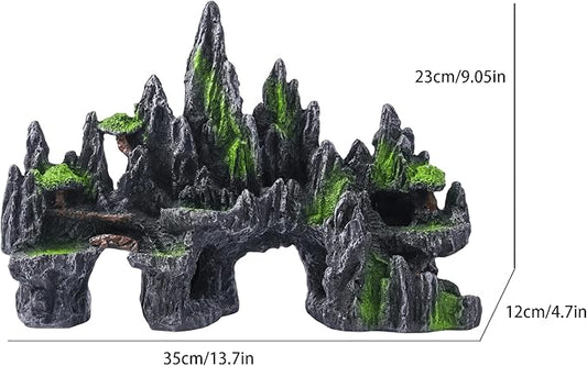 Large Fish Tank Decorations - Mountain View Aquarium Ornament with Tree House Cave Bridge,Large