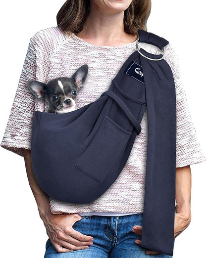 CUBY Dog and Cat Sling Carrier - Hands Free Reversible Pet Papoose Bag - Soft Pouch and Tote Design - Suitable for Puppy, Small Dogs Cats Outdoor (Blue, Adjust Strap 1.0)