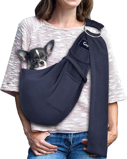 CUBY Dog and Cat Sling Carrier - Hands Free Reversible Pet Papoose Bag - Soft Pouch and Tote Design - Suitable for Puppy, Small Dogs Cats Outdoor (Blue, Adjust Strap 1.0)