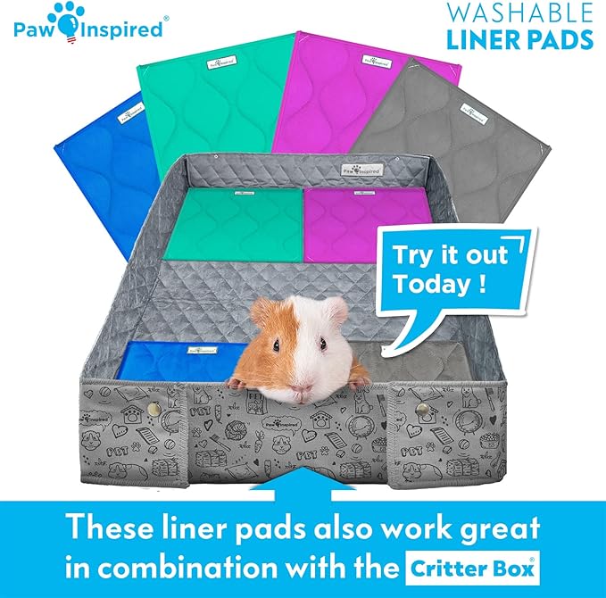 Paw Inspired Guinea Pig Cage Liner Pads | Washable Fleece Bedding, Waterproof Bottom | Super Absorbent Pee Pad or Pet Bed Mat for Guinea Pigs, Ferrets, Rabbits, Hamsters, Small Animals (12"x12", Gray)