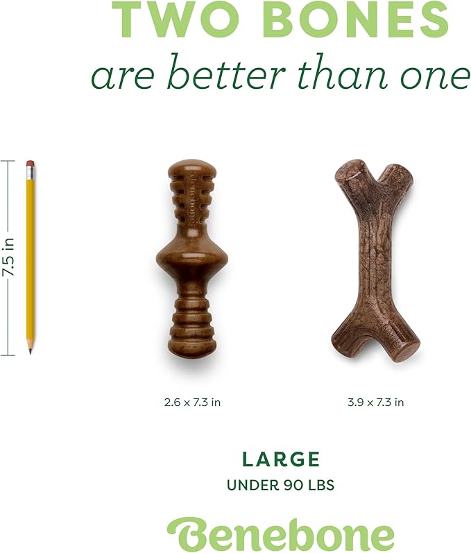 Benebone 2-Pack Maplestick/Zaggler Durable Dog Chew Toys, Real Maplewood, Real Bacon, Made in USA Large