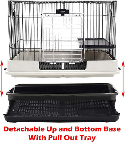 Deluxe 4-Level in/Outdoor Rabbit Hutch Cage Double Large Front Doors Ferret Squirrel Chinchilla Paw Safe Solid Platform Ramp Mesh Floor Pull Out Leakproof Easy Clean 2-Inch Deep Tray Lockable Casters
