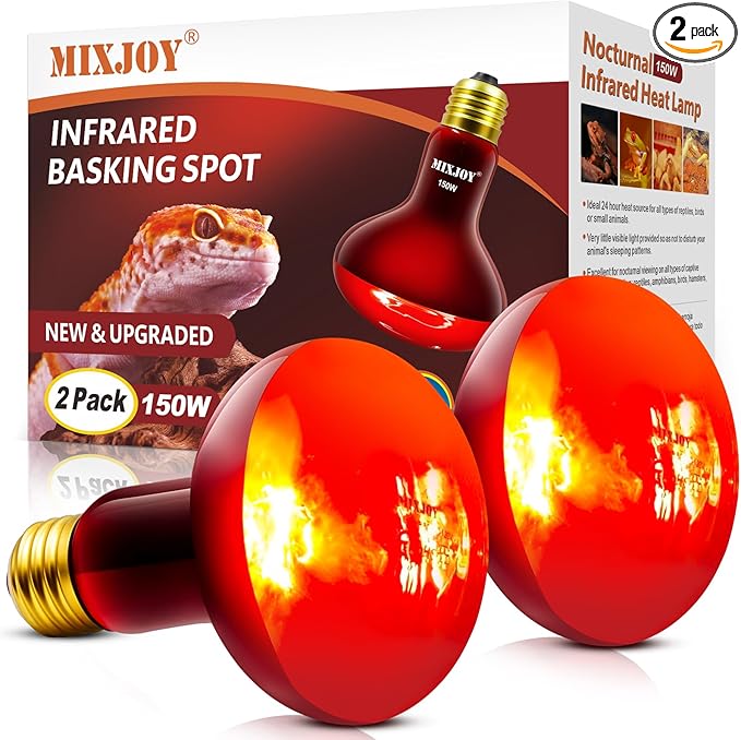 MIXJOY 150W Infrared Heat Lamp Bulbs, 2 Pack Reptile Infrared Heat Emitter Red Heat Lamp Bulbs Infrared Basking Light Bulbs for Reptiles, Bearded Dragon, Lizard, Tortoise, Chickens, Pets