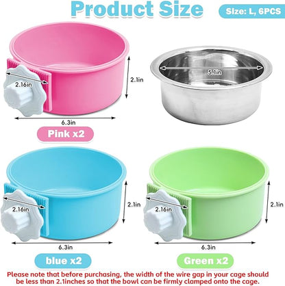 kathson Crate Dog Bowl, Removable Stainless Steel Hanging Pet Cage Bowl Food & Water Feeder Coop Cup for Cat, Puppy, Birds, Rats, Guinea Pigs (6 PCS, Size: L, 2×Blue,2×Green,2×Pink)