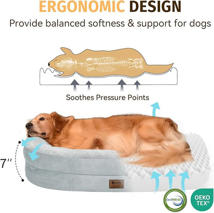 Orthopedic Waterproof Large Dog Bed: Memory Foam Washable Dog Bed with Bolsters - Removable Orthopedic Cover for Medium L XL Large Sized Pet - Non-Slip Bottom - Silver