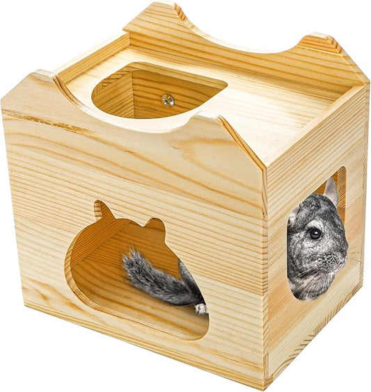 Yesland Wood Chinchilla House, Natural Small Animal Hideout Hut for Chinchilla, Squirrel, Sugar Gliders in Cage -Ventilated Wooden Hamster Habitat with Multiple Doors - 8.5 X 6 X 8 Inches