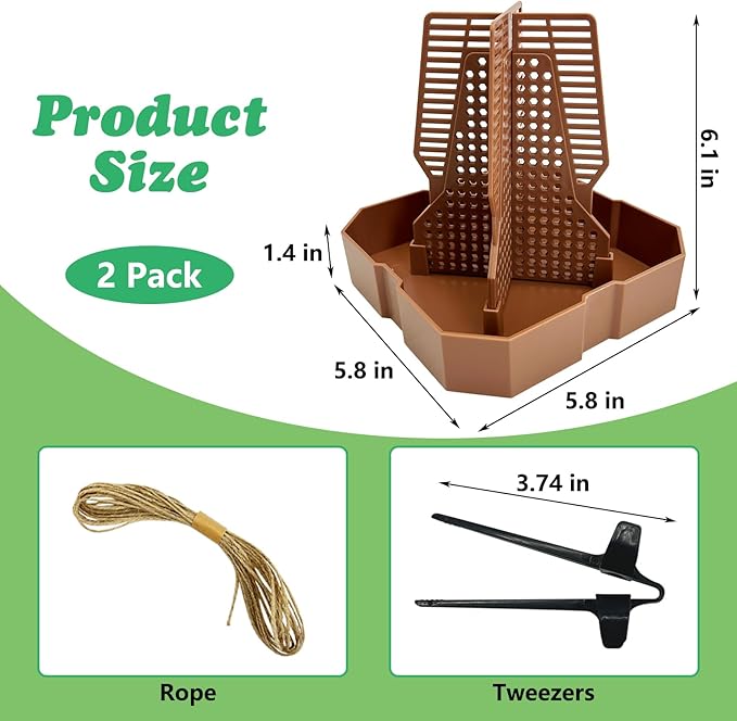 2 PCS Chameleon Feeding Bowl Hanging Bearded Dragon Feeder Bug Bowls with Rope and Tweezers Mounted Insect Reptile Feeder Box for Lizard Gecko Frog (Brown,Large)
