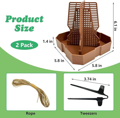 2 PCS Chameleon Feeding Bowl Hanging Bearded Dragon Feeder Bug Bowls with Rope and Tweezers Mounted Insect Reptile Feeder Box for Lizard Gecko Frog (Brown,Large)