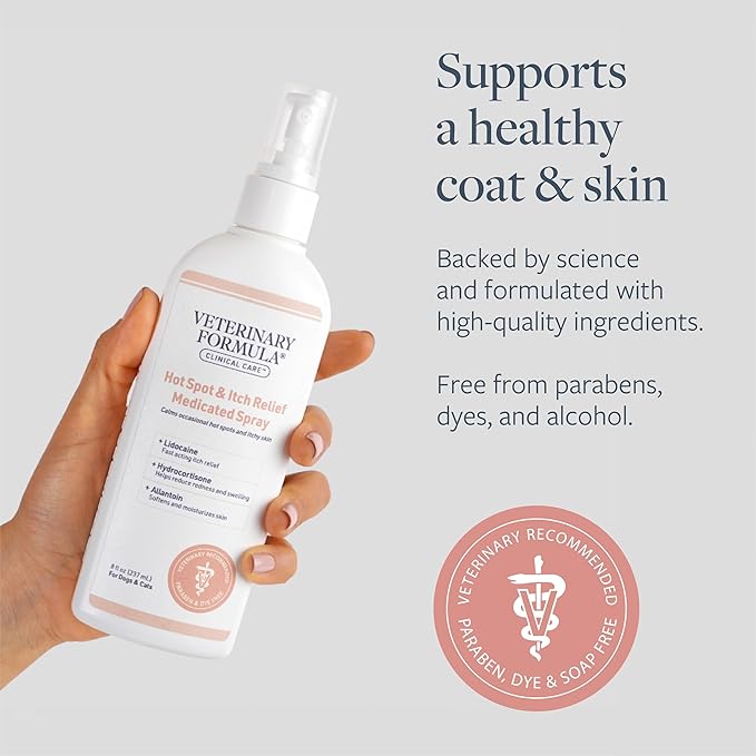 Veterinary Formula Clinical Care Hot Spot & Itch Relief Medicated Spray, 8oz – Easy to Use Spray for Dogs & Cats – Helps Alleviate Sensitive Skin, Scratching, and Licking of Coat (1 Pack)