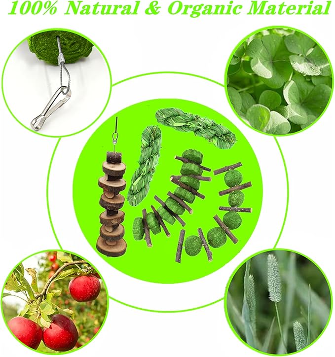 5pcs Rabbit Toys,Bunny Chew Treat for Teeth Grinding,Hanging Timothy Hay Ball +Apple Stick Wood +Alfalfa Grass Cake Food Snack for Cage Guinea Pig Chinchilla Hamster Squirrel Gerbil Rat Parrot
