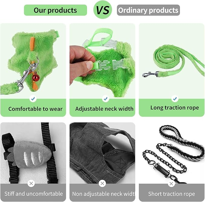 Ferret Harness and Leash Set with Safe Bell, Dinosaur-themed, Green, Small Pet, 2.36-3.54 inches (6-9 cm), 47 inches (120 cm) Lead Rope