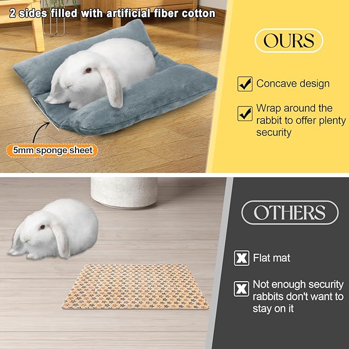 MEWTOGO 13 x 14In Rabbit Bed, Thickened Soft Bunny Snuggle Concave Bed, Cuddle Cushion Plush Mat with Cotton Lounger Pillows, Small Pet Flop Mat for Indoor Cage Sleeping Bunny Gifts, Gray