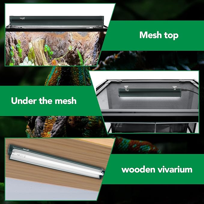 T5 Reptile Light Fixture Green Combo Kit 8W Light Fixture Reptile Terrarium Hood 10.0 UVB Light Bulb Fluorescent Tube Ideal for Tropical and Deserts Such as Bearded Dragon Lizards and Tortoises