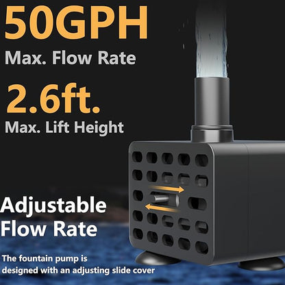alizzy 50GPH Submersible Water Pump(180L/H, 3w) with USB Plug, Ultra Quiet Water Fountain Pump with 2.6ft. High Lift and 5ft. wire for Aquarium, Fish Tank, Water Feature, Pet Fountain and Hydroponics