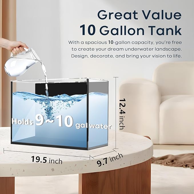 10 Gallon Aquarium Set Glass Fish Tank, with Heater Self Cleaning System Filter with Media Bright Light Cleaning Tool, Leak-Proof Clear Rimless Betta Tropical Freshwater Fish