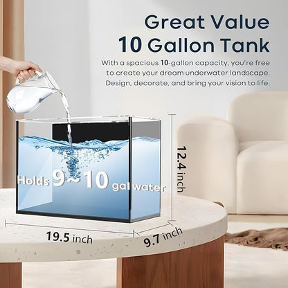 10 Gallon Aquarium Set Glass Fish Tank, with Heater Self Cleaning System Filter with Media Bright Light Cleaning Tool, Leak-Proof Clear Rimless Betta Tropical Freshwater Fish