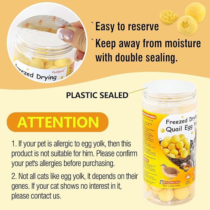 3.52oz/100g Freeze Dried Quail Egg Yolk, Cat and Dog Treats, Single Ingredient Pet Snacks, Healthy Tasty Dry Pet Food