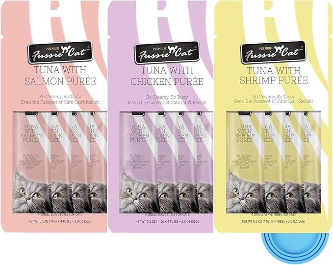 Fussie Cat Premium Puree Lickable Cat Treats in Tuna Puree, Lickable Treats, 3 Packs of 4-0.5oz Tubes,(12 Total Tubes) Variety Flavor Pack of 3 Flavors. Salmon, Shrimp, Chicken + Lid