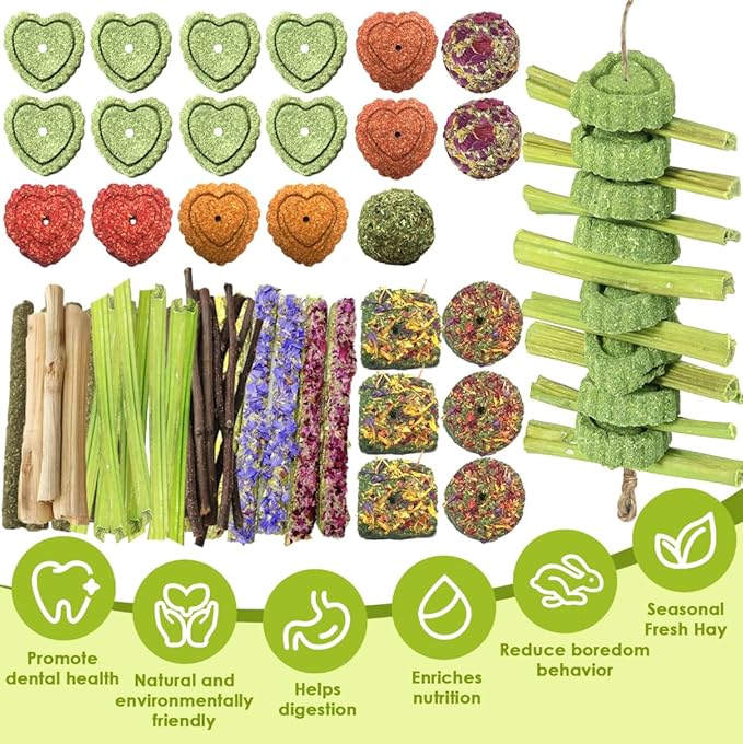 60pcs DIY Rabbit Toys for Bunnies Boredom,Rabbit Toy for Bunnies Boredom Bunny Toys for Teeth, Timothy Stick, Apple Sticks, Sweet Bamboo, for Guinea Pig, Hamster, Chinchilla, Rat, Small Animals