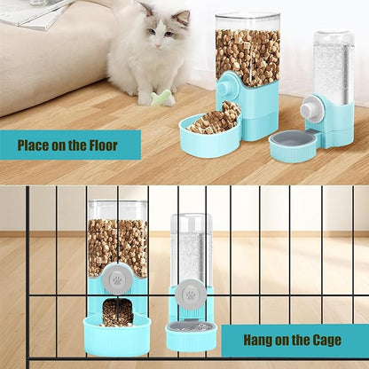 Hanging Cage Automatic Food Water Dispenser, Auto Gravity 1.2L Self-Feeding Feeder and 0.52L Waterer Set, Crate Auto Feeder Dish for Puppy Cats Ferret Bunny Guinea Pig Small Pets (Blue)