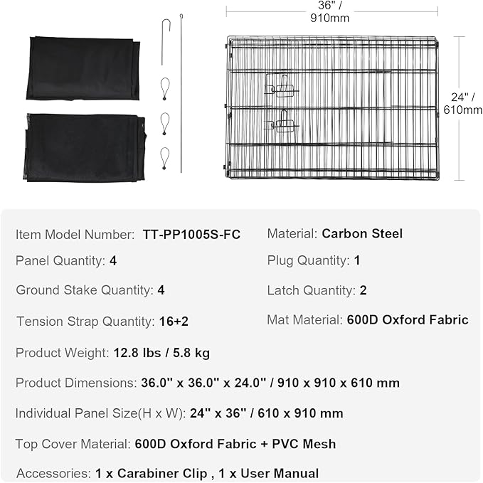 VEVOR Dog Playpen, 4 Pcs 24 x 36 in Panels Foldable Metal Pet Exercise Pen, Dog Fence Indoor and Outdoor Pen with Door, Top Cover, and Bottom Pad, Pet Playpen for Dogs, Cats and Other Small Animals