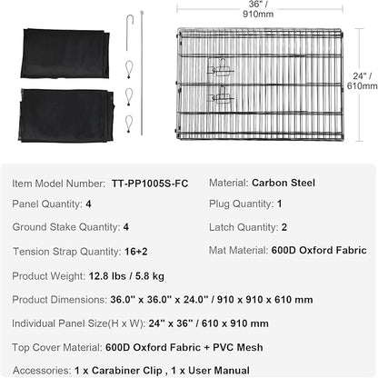 VEVOR Dog Playpen, 4 Pcs 24 x 36 in Panels Foldable Metal Pet Exercise Pen, Dog Fence Indoor and Outdoor Pen with Door, Top Cover, and Bottom Pad, Pet Playpen for Dogs, Cats and Other Small Animals
